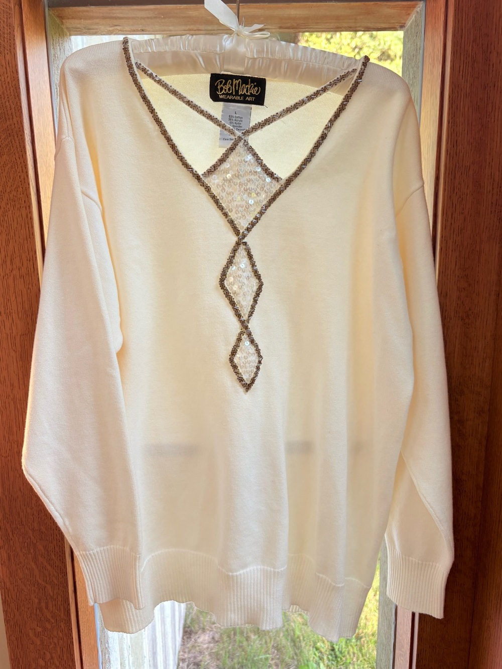 Bob Mackie Wearable Art Sweater Off White Sequin Geometric Long Sleeve Top Large